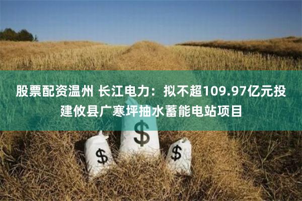 股票配资温州 长江电力：拟不超109.97亿元投建攸县广寒坪抽水蓄能电站项目